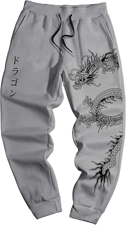 COZYEASE Mens Letter Dragon Graphic Print Sweatpants Pockets Jogger Pants | Drawstring Waist, Tie Front, Loose Fit, With Pocket, Casual Trousers, Dragon Graphic Pants, Fall