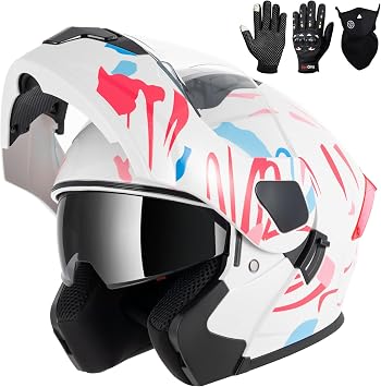 Adult Modular Motorcycle Helmets, DOT Approved Flip up Dual Visor Full Face Helmet for Men Women Moto ATV UTV Snowmobile ADV Four Wheeler Street Bike with Gloves & Mask