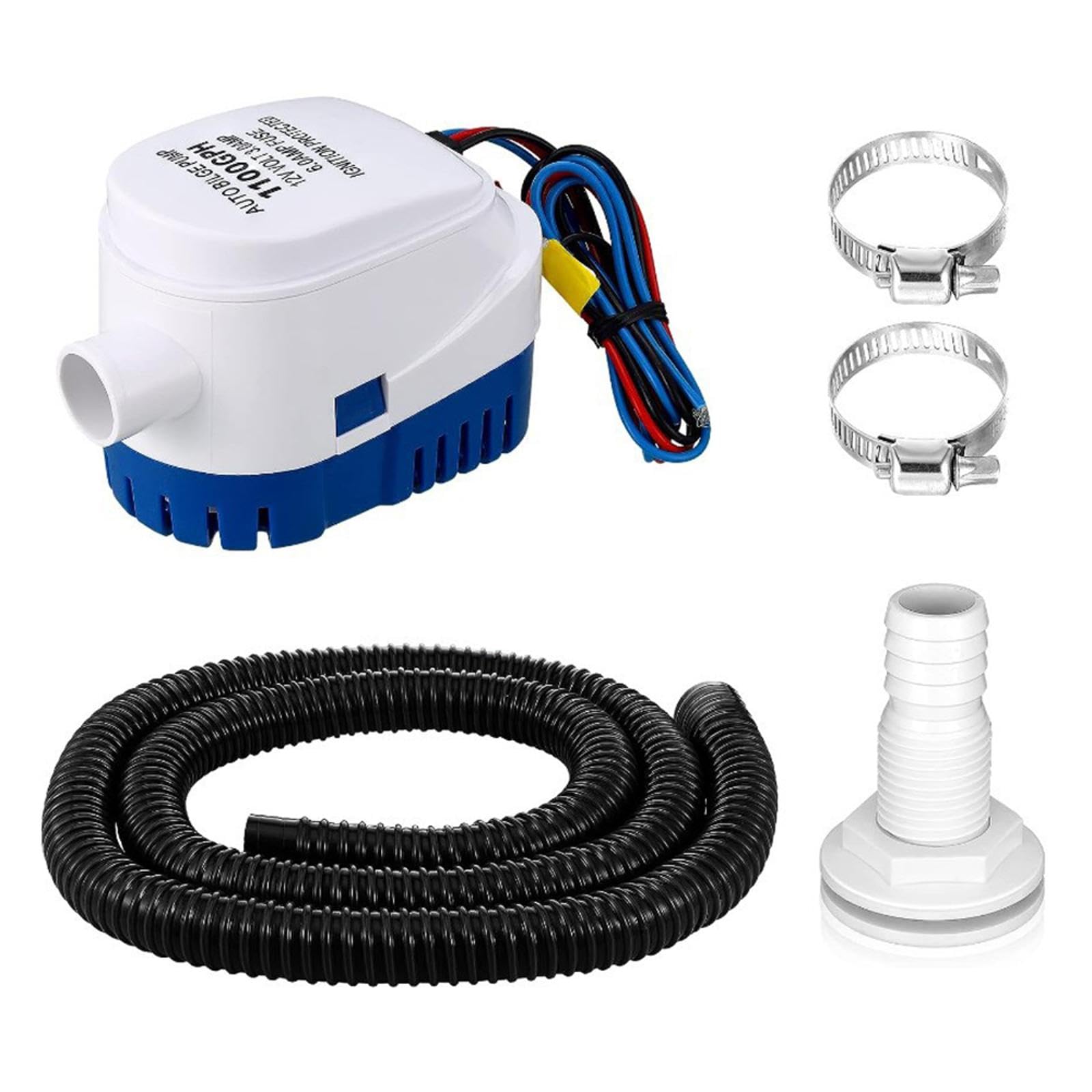 Kit de pompe de cale automatique de 1-1/8 pouces, 12 V, 100 GPH, pompe de cale avec tuyau et colliers de tuyau, ajustement universel pour piscines et bateaux