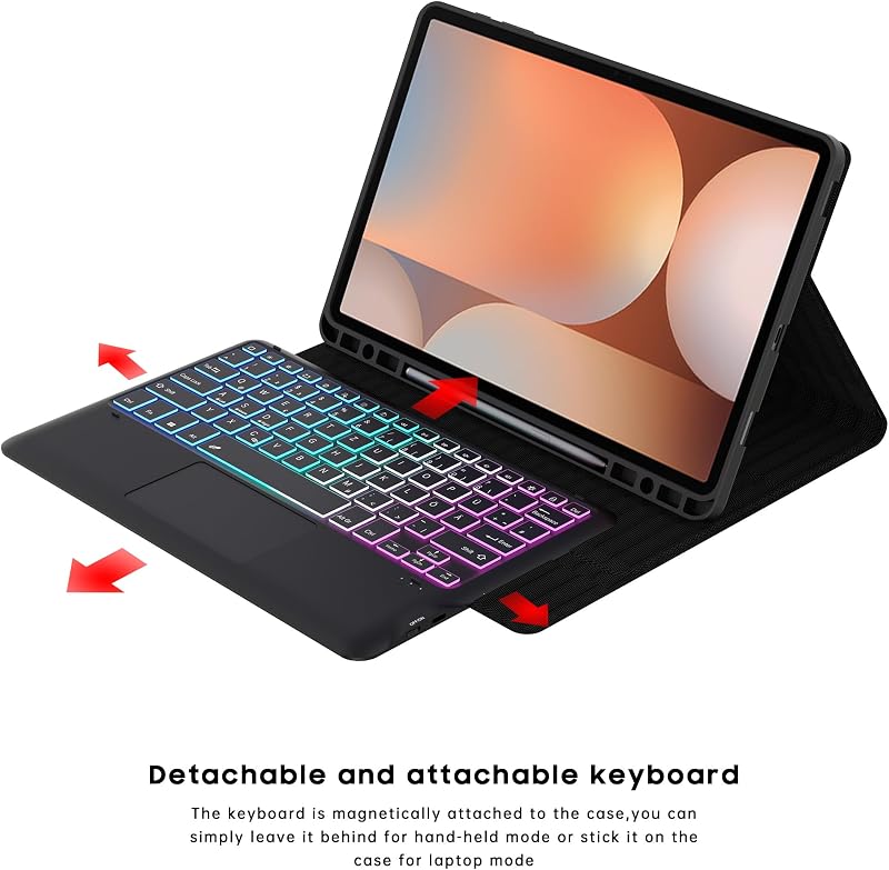 ROOFEI Samsung Galaxy Tab S9+/S10+ Billentyűzetes Tok Touchpad-dal, Vezeték Nélküli QWERTZ, 7 Szín LED