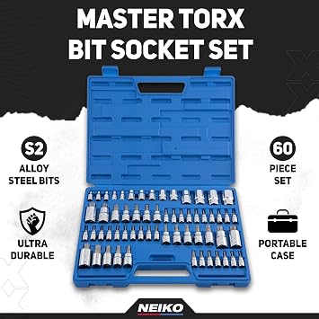 NEIKO 10083A Master Torx Bit Socket and External Torx Socket Set, S2 and CrV Steel, Supreme Torque Output Complete Kit, 60 Pieces