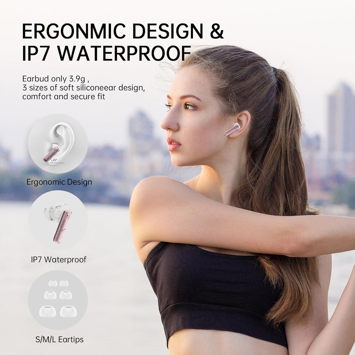 Drsaec Auriculares inalámbricos Bluetooth 5.4, auriculares in-ear Bluetooth con 4 micrófono ENC, auriculares inalámbricos de 40 horas con cancelación de ruido, indicador LED/USB-C, IP7, resistente al