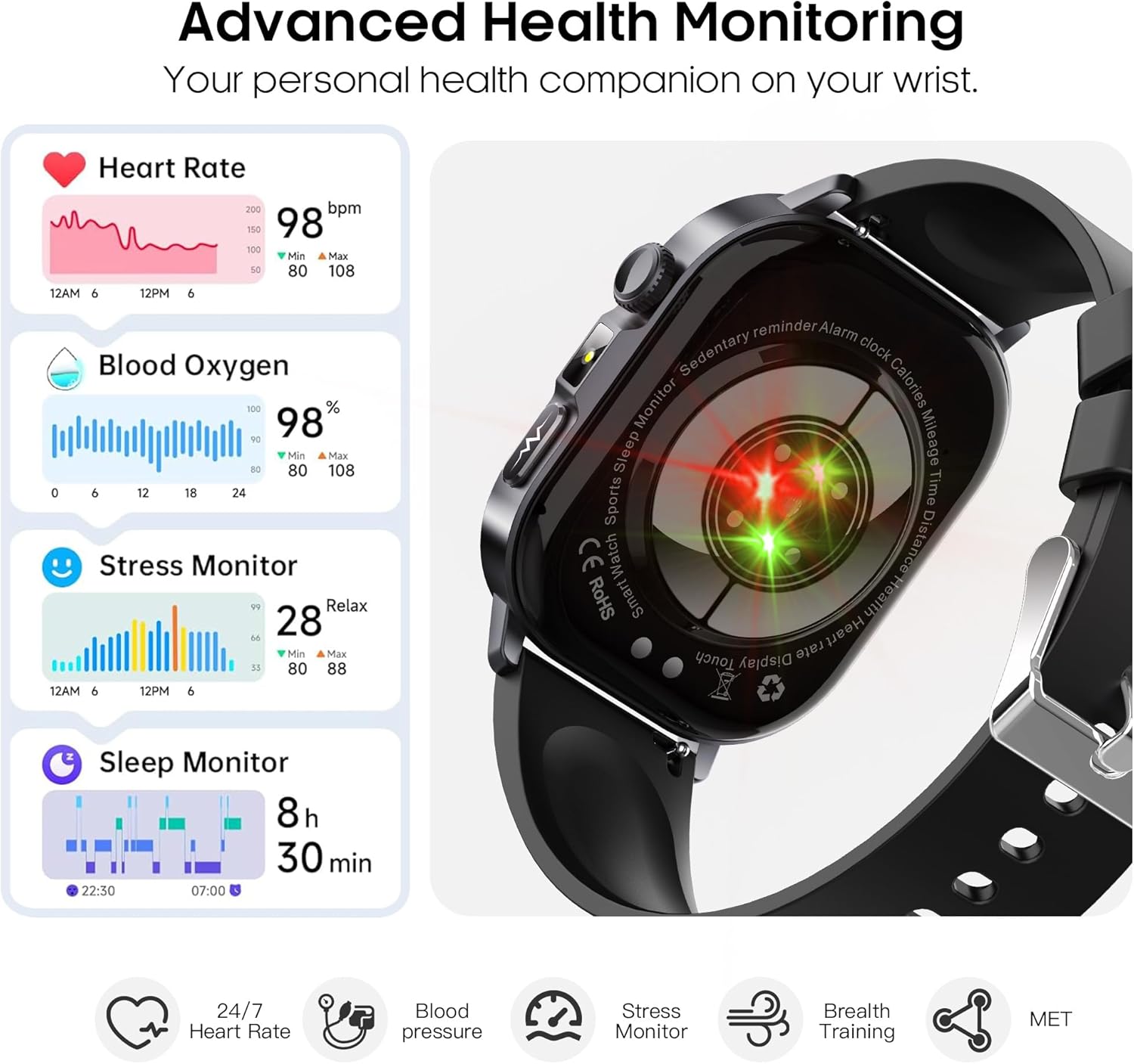 Smart Watches for Men Women, AMOLED Fitness Tracker with 24/7 Heart Rate/Stress/Sleep Monitor, Answer/Make Calls, AI Watch Face, AI Voice, Bright Flashlight, IP68 Waterproof Pedometer for Android iOS