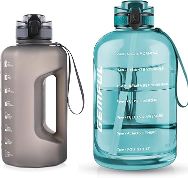 GEMFUL 2 Pack 3 Liter and 2.2 Liter Water Bottle with Time Marker Handle BPA-Free Leakproof Water Jug