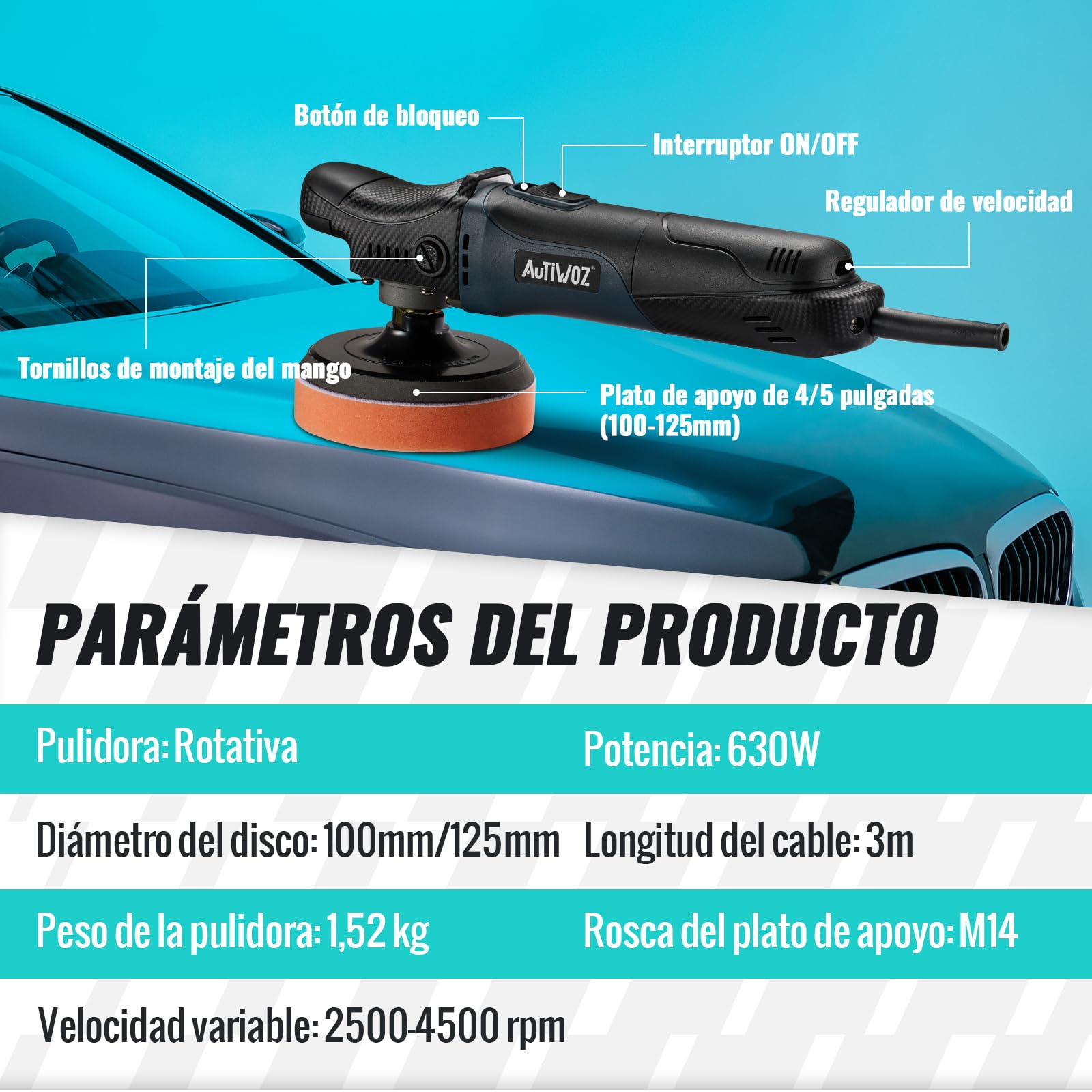 AUTIWOZ Mini Pulidora Automotriz de 630W, 6 Velocidades Variables 2500-4500 rpm, Asa Lateral, Almohadillas/Disco de Lana/Papel Abrasivo de 100mm/125mm, para Pulido de Vehículos