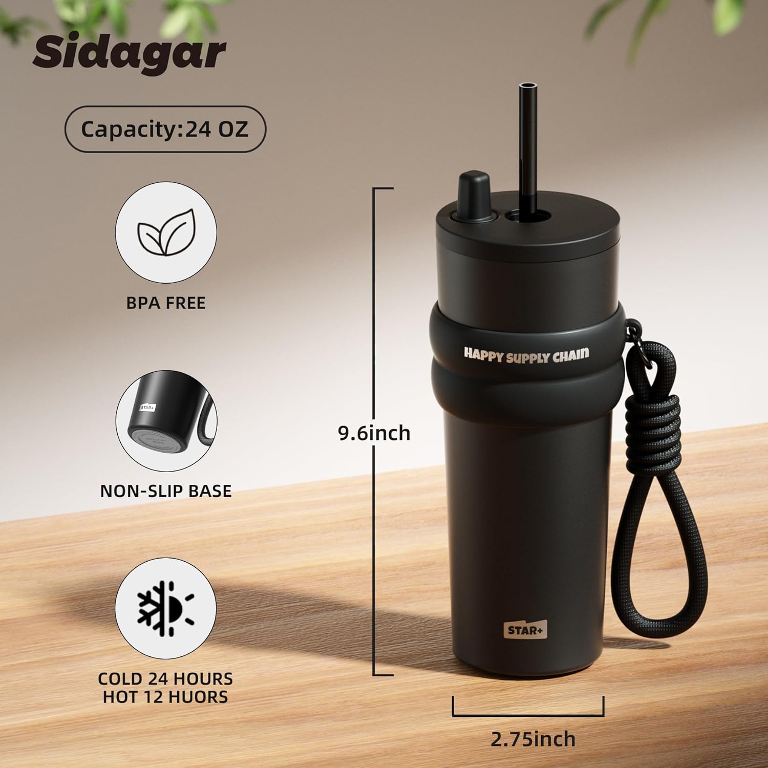 24 oz Stainless Steel Tumbler with Lid and Straw, Insulated Water Bottle Leak Proof for Hot and Cold, Portable Travel Coffee Mug, Reusable Coffee Cup for Women, Black - Image 2