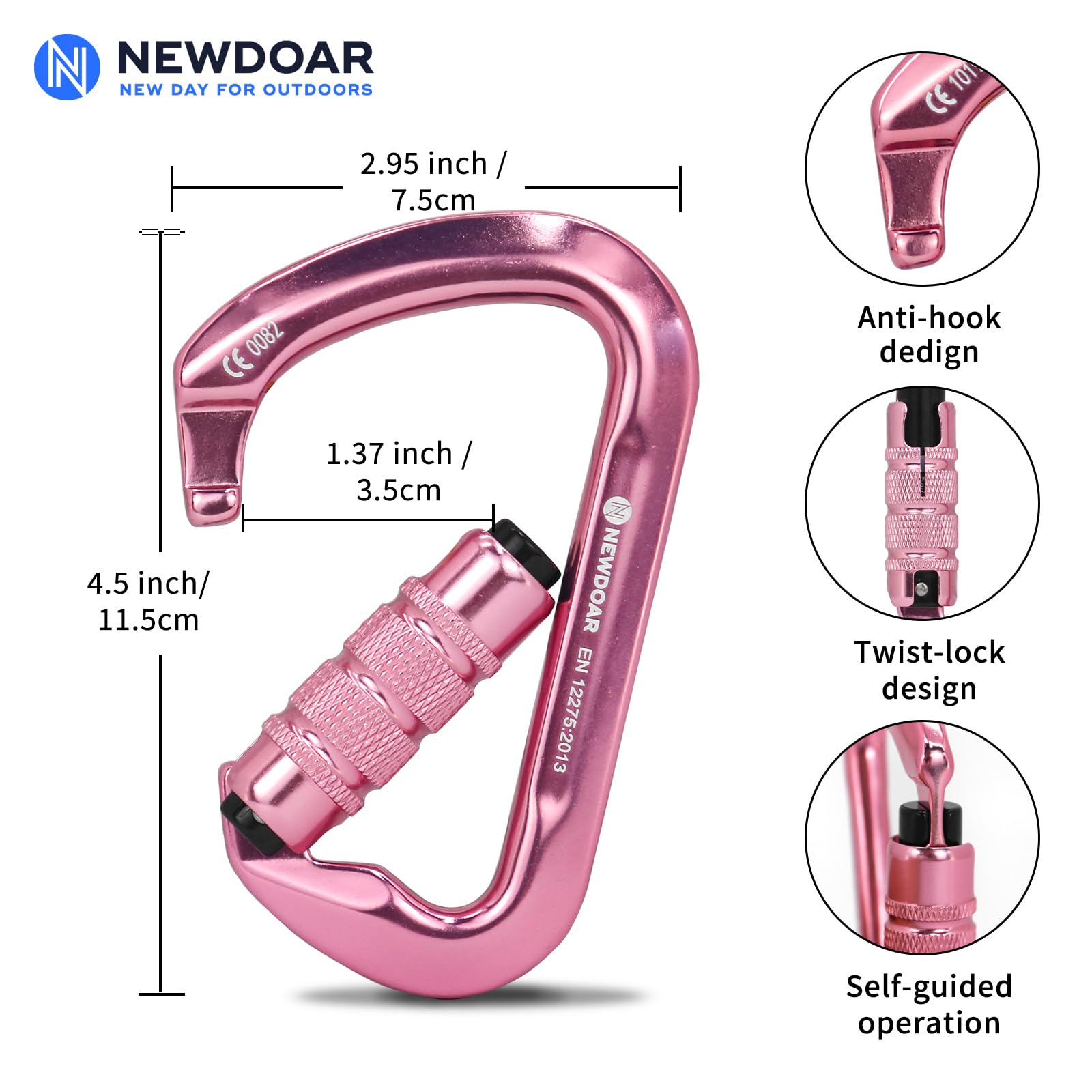 NewDoar Mosquetón de escalada con certificado CE de 30 kN. Mosquetón profesional resistente con bloqueo de torsión y autobloqueo para escalada, rappel, rescate de montaña, montañismo