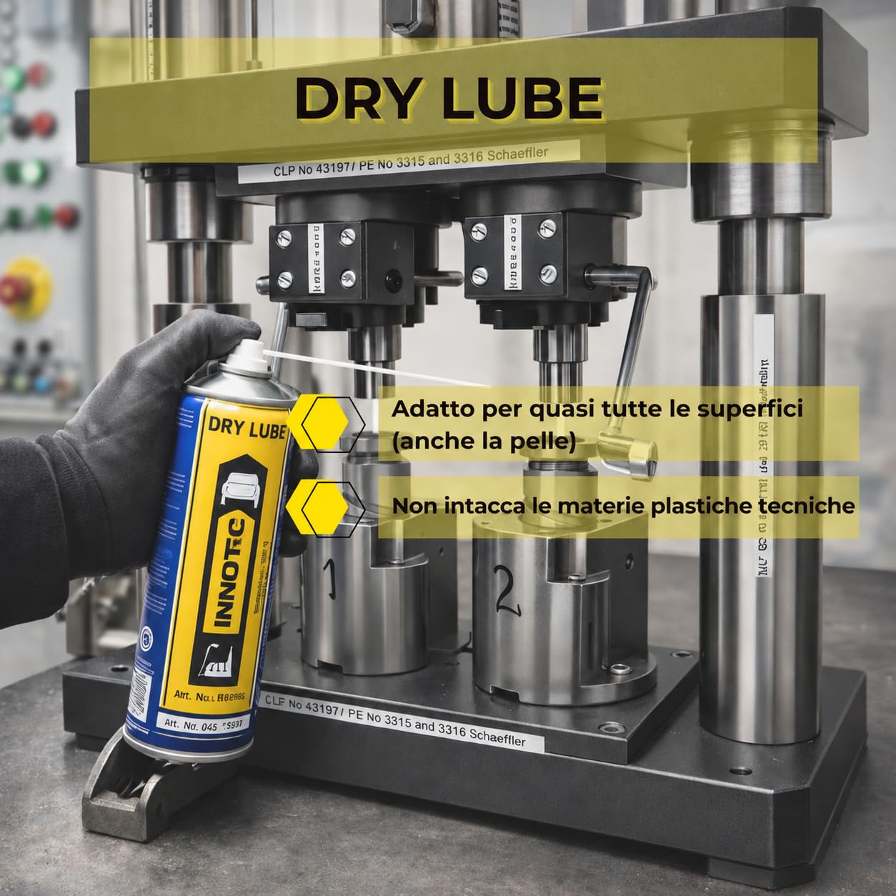 INNOTEC Dry Lube Lube - 2 lubrificanti a secco 500 ml - PTFE Spray senza silicone e grasso, pellicola lubrificante trasparente, antistatico, impermeabile, registrato NSF riduce l'attrito e l'usura