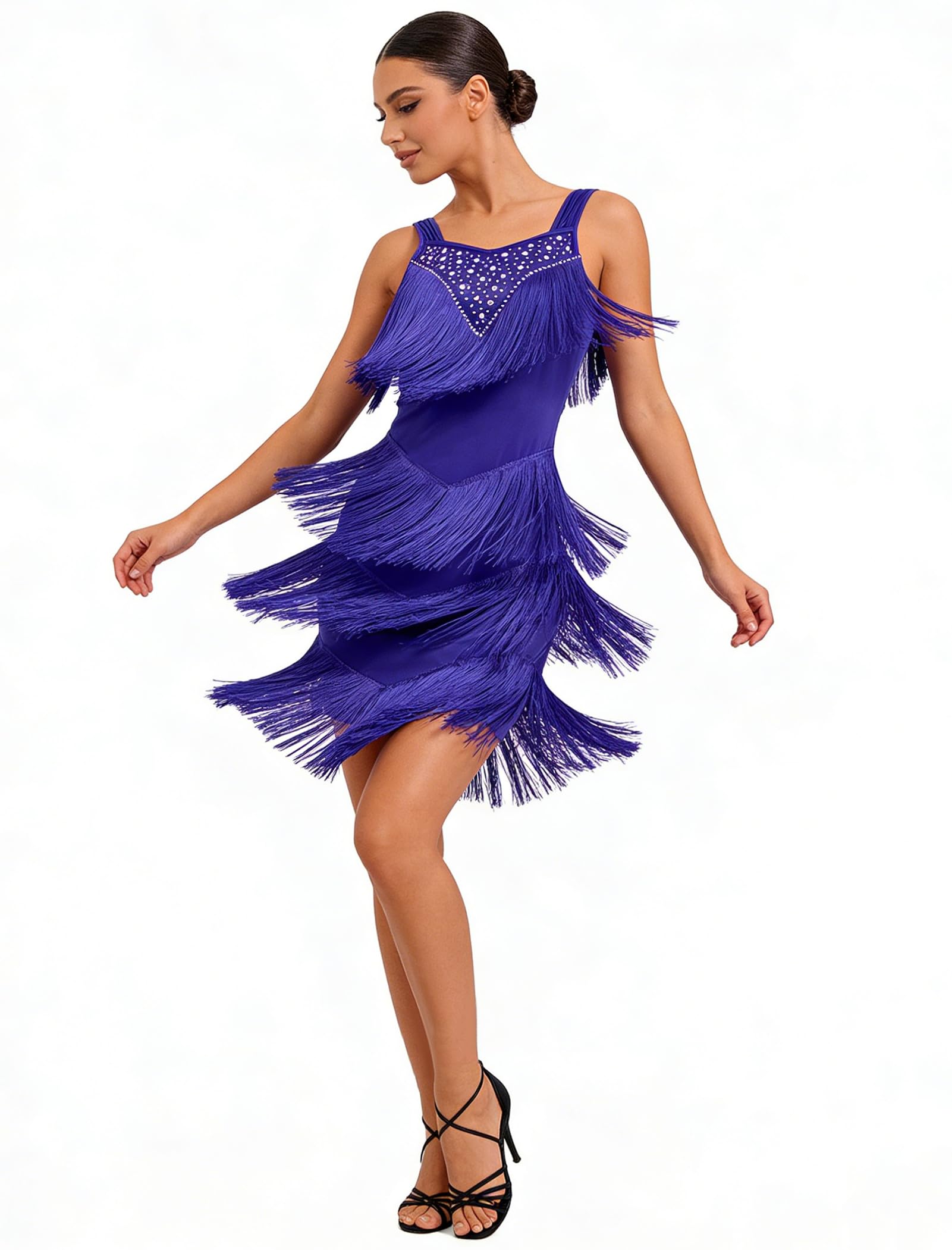 Robe de danse latine pour femme - Robe de danse avec franges - Robe de salsa pour femme - Robe de bal sexy à paillettes - Robe courte pour Rumba Cha Cha Cha Compétition Entraînement Fête