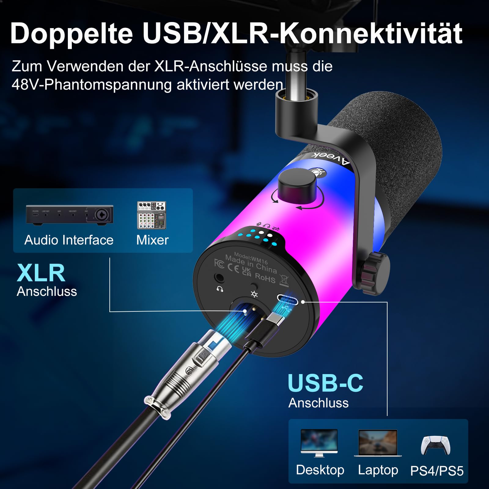 Aveek USB/XLR Dynamisches Mikrofon mit Arm für Gaming und Streaming | RGB-Beleuchtung, Geräuschunterdrückung, Stummschaltung per Knopfdruck, Monitor-Mix und Kopfhöreranschluss für PC und PS5