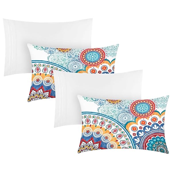 YIYEA Pillow Cases Queen Size Set of 4, Ultra Soft 1800TC Hotel Quality Double Brushed Microfiber Embroidered Pillowcases and Boho Pillow Covers, Envelope Closure, Fade Resistant (20"x30")