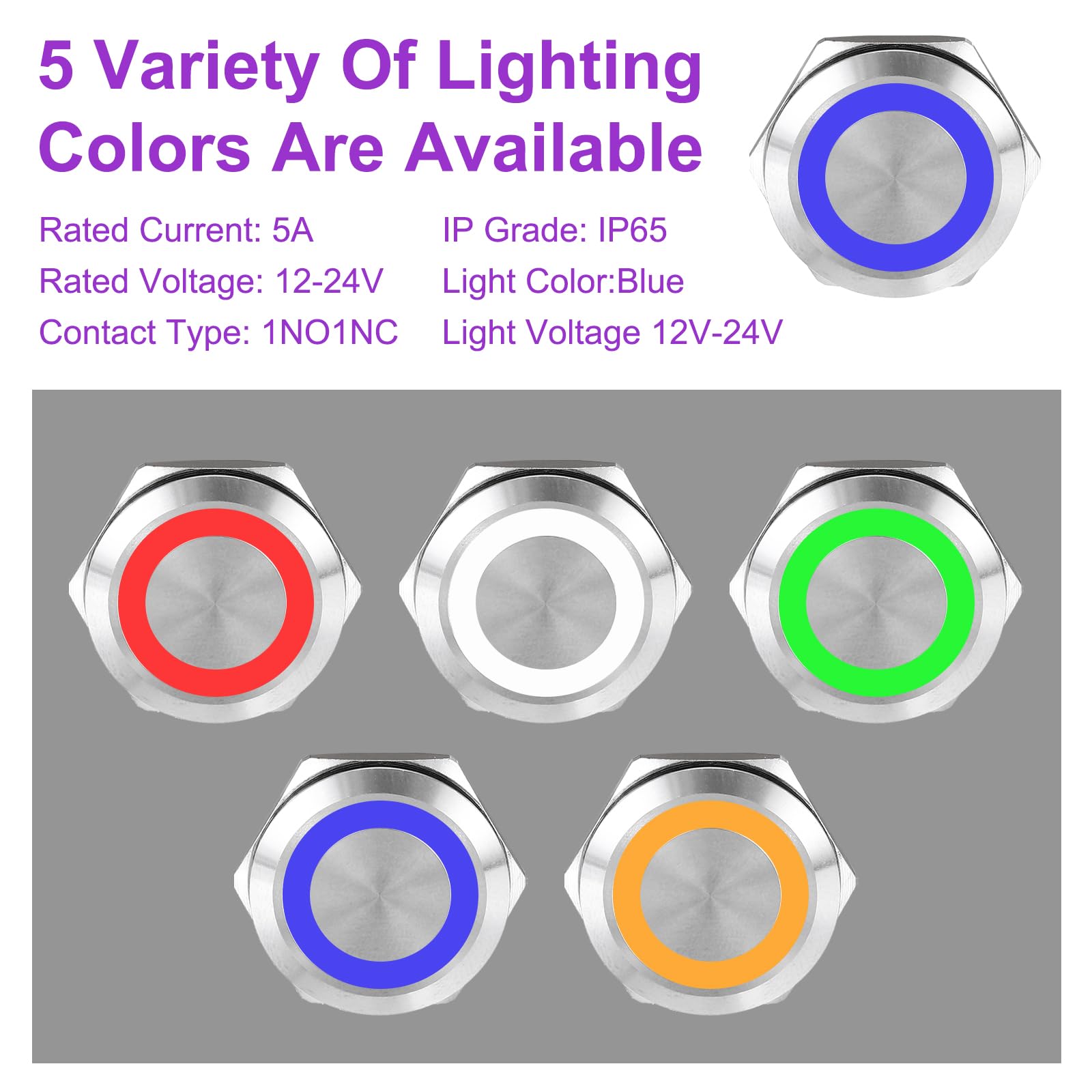 DMiotech 2 Pack 7/8 Inch Stainless Steel Latching Push Button Switch Domed Head 5A 12-24V Silver Shell 6 Pin with Cable Socket Blue Ring LED 1NO1NC for Car Boat Systems Custom Setups - Image 3