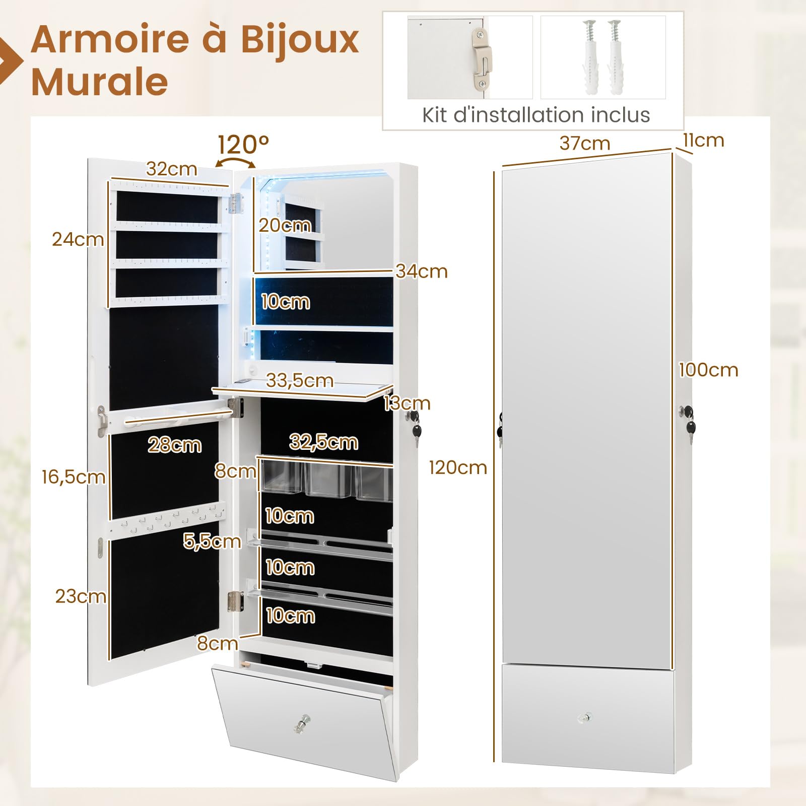 COSTWAY Armoire à Bijoux Murale 120 cm, Lumières LED, Miroir Sans Cadre Pleine Longueur, Miroir Intégré, Étagère de Maquillage Pliable, Tiroir de Rangement, Verrouillable, Blanc