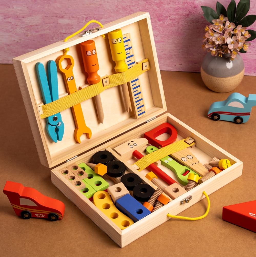 NESTA TOYS - Wooden Tool Kit Set with Tool Box (40 Pcs) | Pretend Play Portable Construction Tools Kit Toys for Kids | Gift for Boys & Girls Age 3, 4, 5, 6 | Montessori Toy