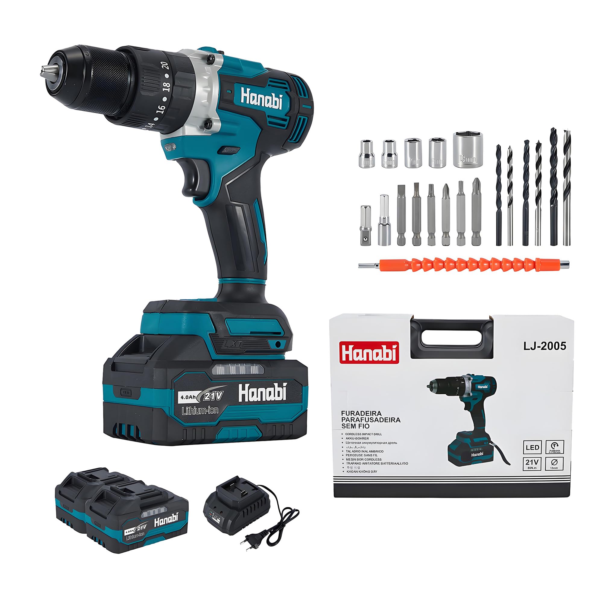 Hanabi Furadeira de Impacto Parafusadeira 21V 80Nm Kit com 2