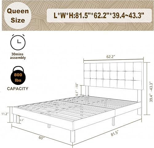 Miniatura 21 de Base de cama de tamaño matrimonial, plataforma tapizada de terciopelo con cabecero, fácil montaje, no necesita somier, antideslizante y sin ruido