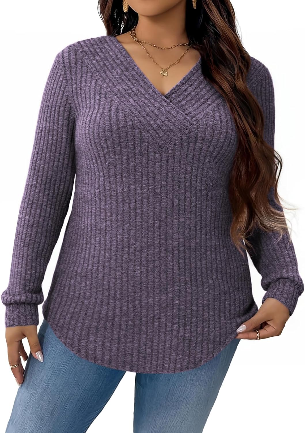 VISLILY Womens-Plus-Size-Tops Trendy V Neck Casual Long Sleeve Shirts Lightweight Knit Sweaters Cute Pullover Tunics Blouses - Image 2