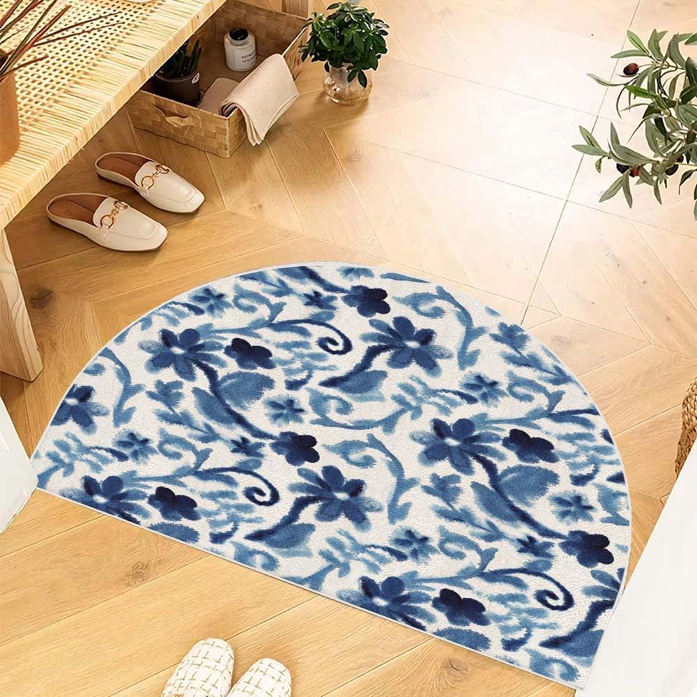 Mrcrypos Half Round Rugs Blue Small Flower Branches Non-Slip Semi Circle Area Rug Blue Flower Semi Circle Rug for Bedroom Bathroom Balcony Laundry Garage Holiday Decorative 24 X 36 Inch
