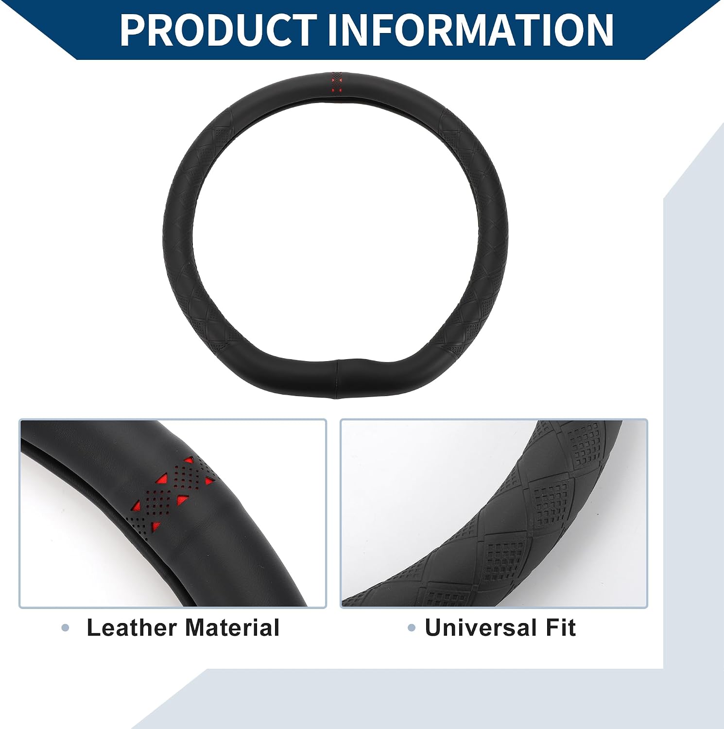 Steering Wheel Cover/Front Steering Wheel Accessories for Car Vehicle/Durable D Shape Nappa Leather / 1 Pcs Black Red