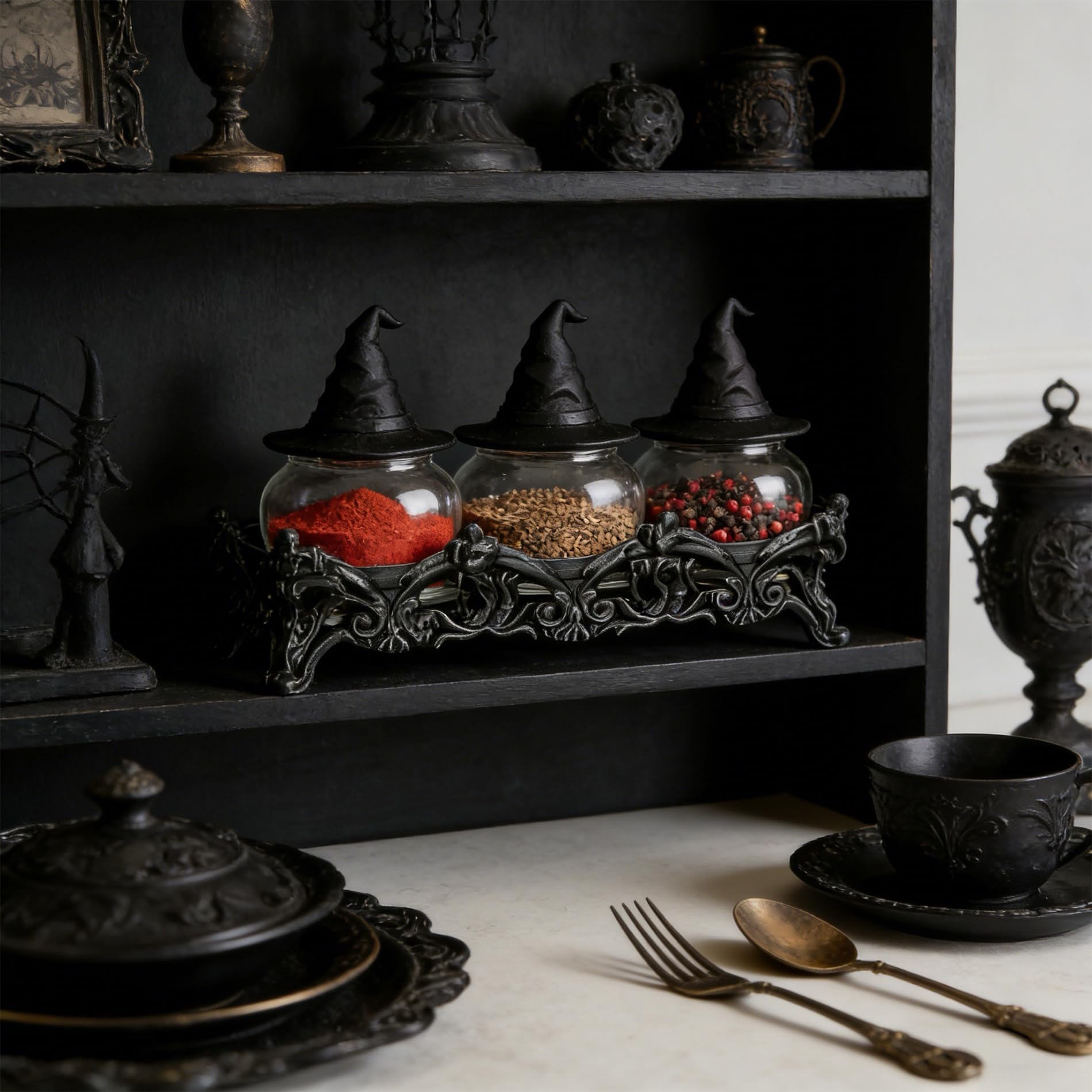 Générique Chapeau de sorcière, bocal d‘épices de hibou, avec support en résine, Gothique avec couvercles, les épices, le thé, les sels, Décoration de maison amusante (Chapeau de sorcière（3pcs）)