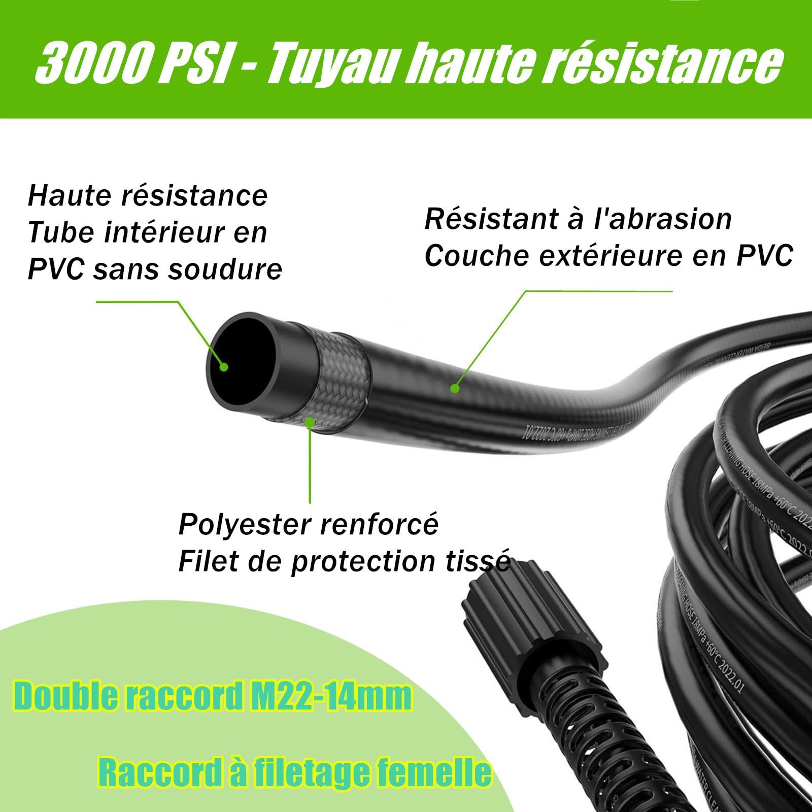 StoneBanks Tuyau d'extension pour Nettoyeur Haute Pression 10m, 2600 PSI M22-14 Femelle Flexible Tuyau de Rechange Haute Pression avec M22 Fileté Mâle Remplacement Connecteur pour Standard M22 HD