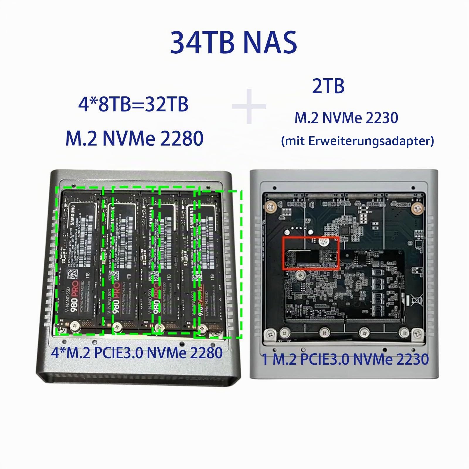 34TB NVMe SSD NAS, 4+1-Bay Network Attached Storage,M1S N150 Mini-PC | Desktop-NAS-Speicher, 2x i226-V 2,5G, 4x M.2 NVMe und DDR5, Home-Office-Dateiserver-Barebone (ohne RAM, ohne SSD)
