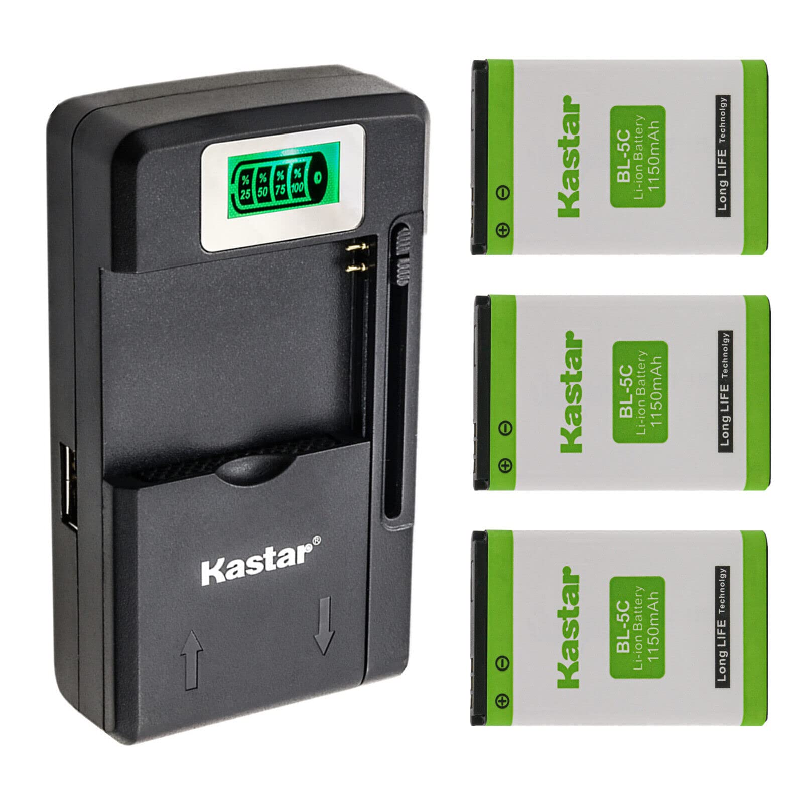 Kastar 3-Pack BL-5C Battery and Smart LCD Charger Replacement for Prunus L-218AM, RTX 8630, RTX 8830, Snom M65, Snom M85, T-Com Octophone 8232, T-Com