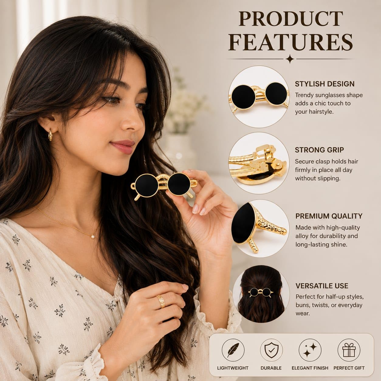 APOLLINE INDIA® Retro Sunglasses Hair Clip – Quirky Hair Accessory for Teens & Women –Trendy Metal Frame Black Round Shape Sunglasses Hairpin Hair Barrette (Gold, Pack of 1pcs) 1
