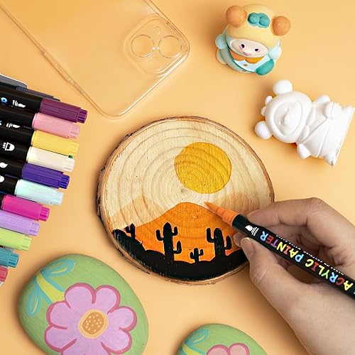 Miniatura 7 de Tesquio Bolígrafos de pintura acrílica, 36 colores, bolígrafos de doble punta con punta media y punta de pincel para pintura de roca, madera,