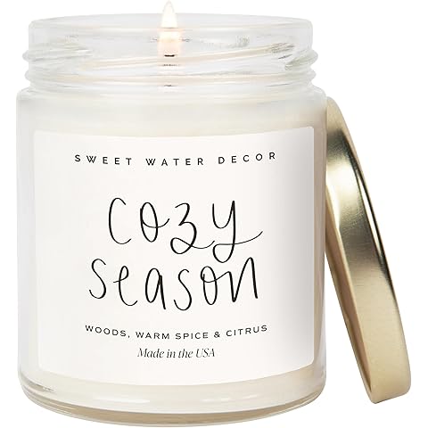 Sweet Water Decor Cozy Season Candle - Woods, Warm Spice, and Citrus Autumn Scented Soy Candles for Home - 9oz Clear Jar, 40 Hour Burn Time, Made in The USA
