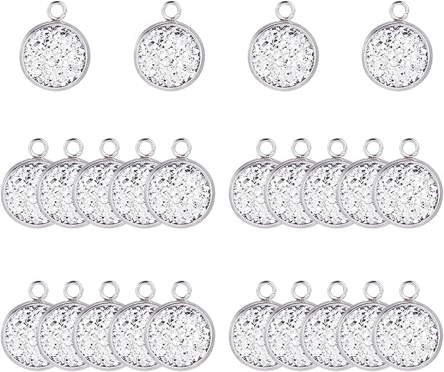 PandaHall Elite 30 Sets 12mm 304 Stainless Steel Circle Pendant Trays Connector Charms 12mm Resin Cabochons for Crafting DIY Jewellery Making