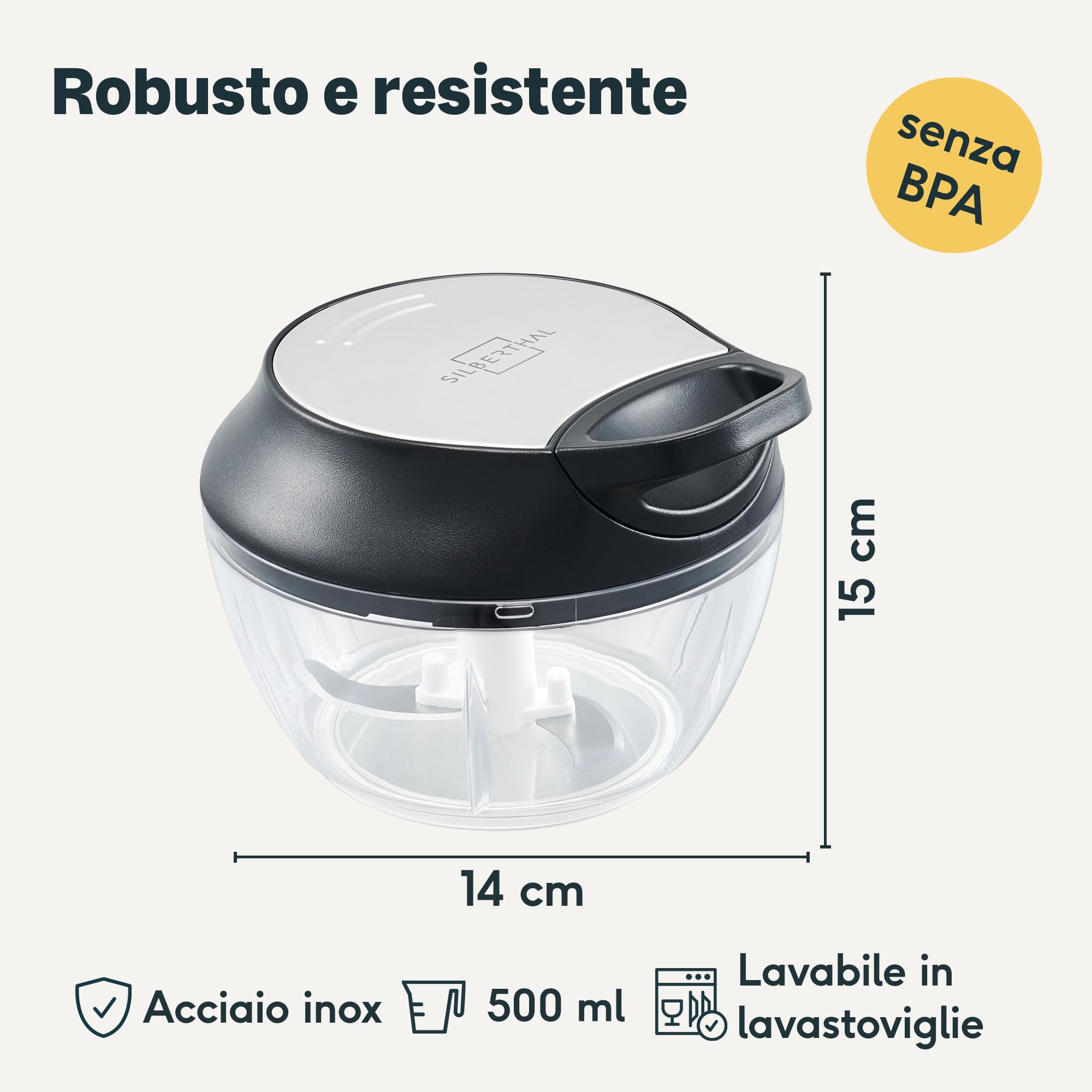 SILBERTHAL Tritatutto manuale a corda 500ml - Acciaio inox - 5 secondi - Con coperchio e raschietto - Per cipolle, aglio, erbe aromatiche