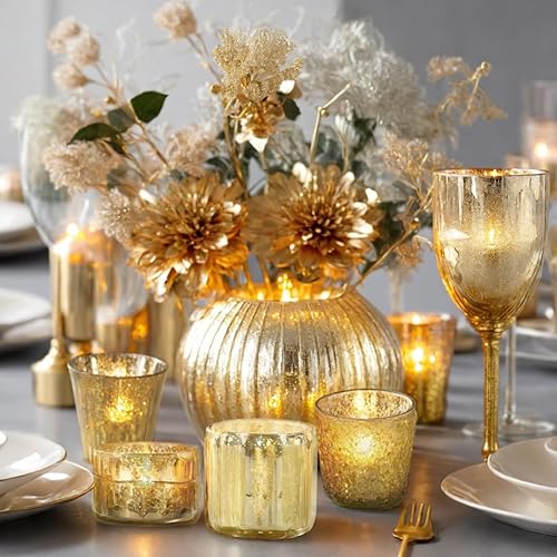 Miniatura 5 de Koyal Wholesale Portavelas de vidrio mezclado dorado, paquete de 6, portavelas desiguales para velas votivas, decoración geométrica