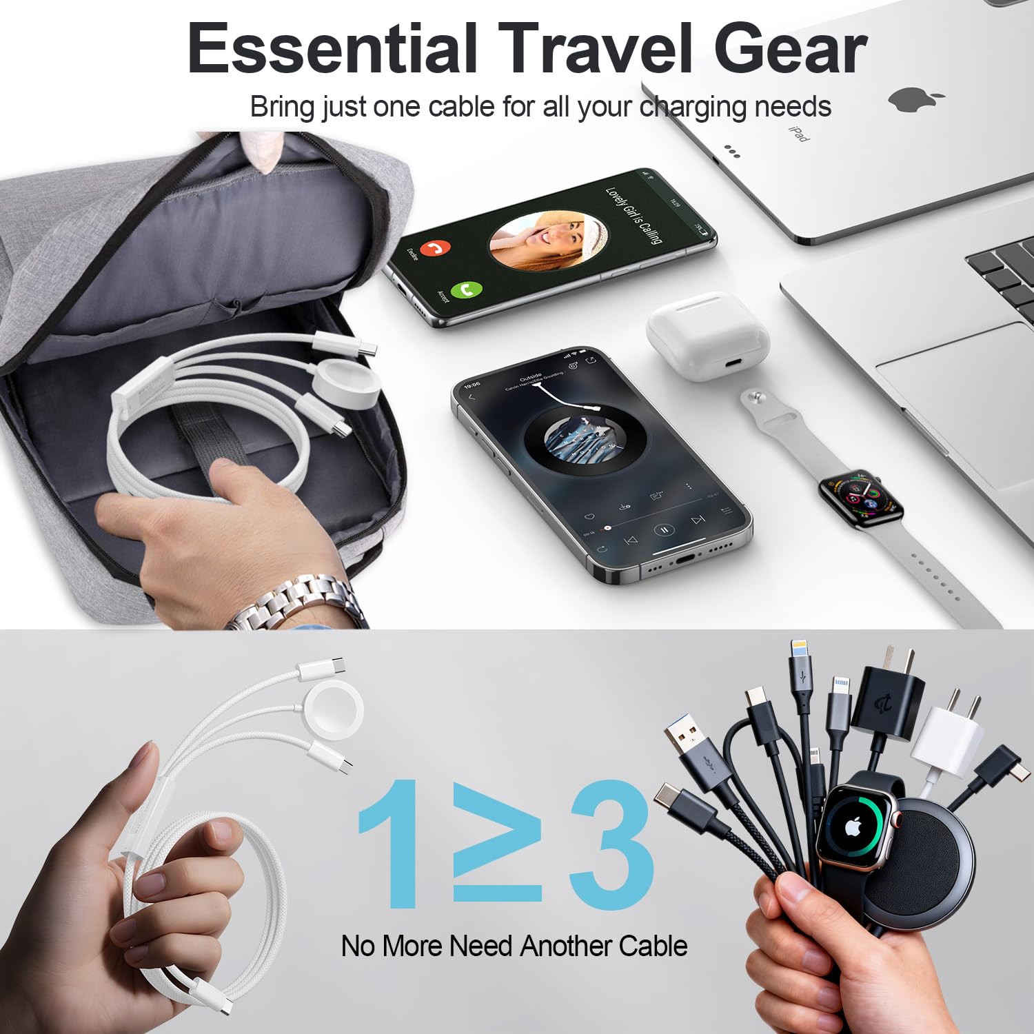 Travel Essentials Ladegerät für Apple Watch, 100 W, 3-in-2, Dual-USB-C-Multi-Schnellladekabel, tragbares USB-C-Kabel für iPhone 17/16/15, iPad Pro, MacBook, Samsung, Google Pixel, iWatch Ultra/Serie 1