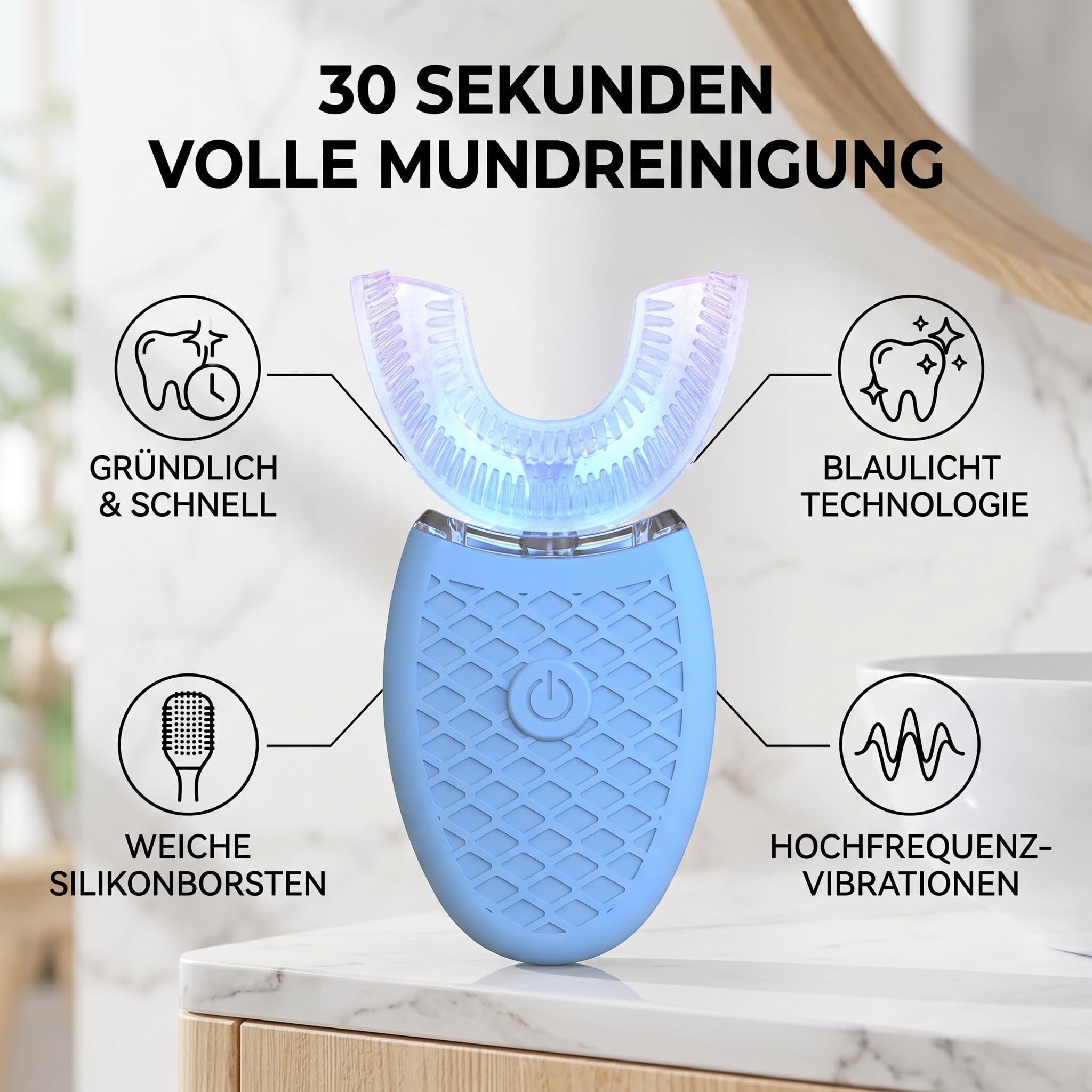 Fyearfly Spazzolino elettrico sonico a 360 gradi, a forma di U, per adulti, con 4 modalità di pulizia, setole in silicone morbido, pulizia completa in 30 secondi, ricaricabile (blu)