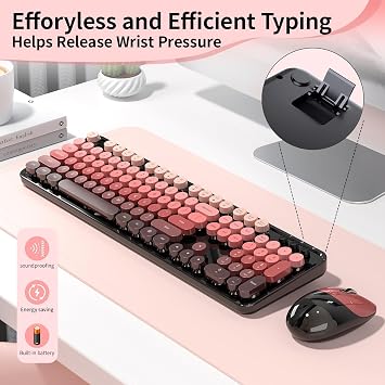 Wireless Keyboard and Mouse, 104 Round Keycaps Retro Typewriter