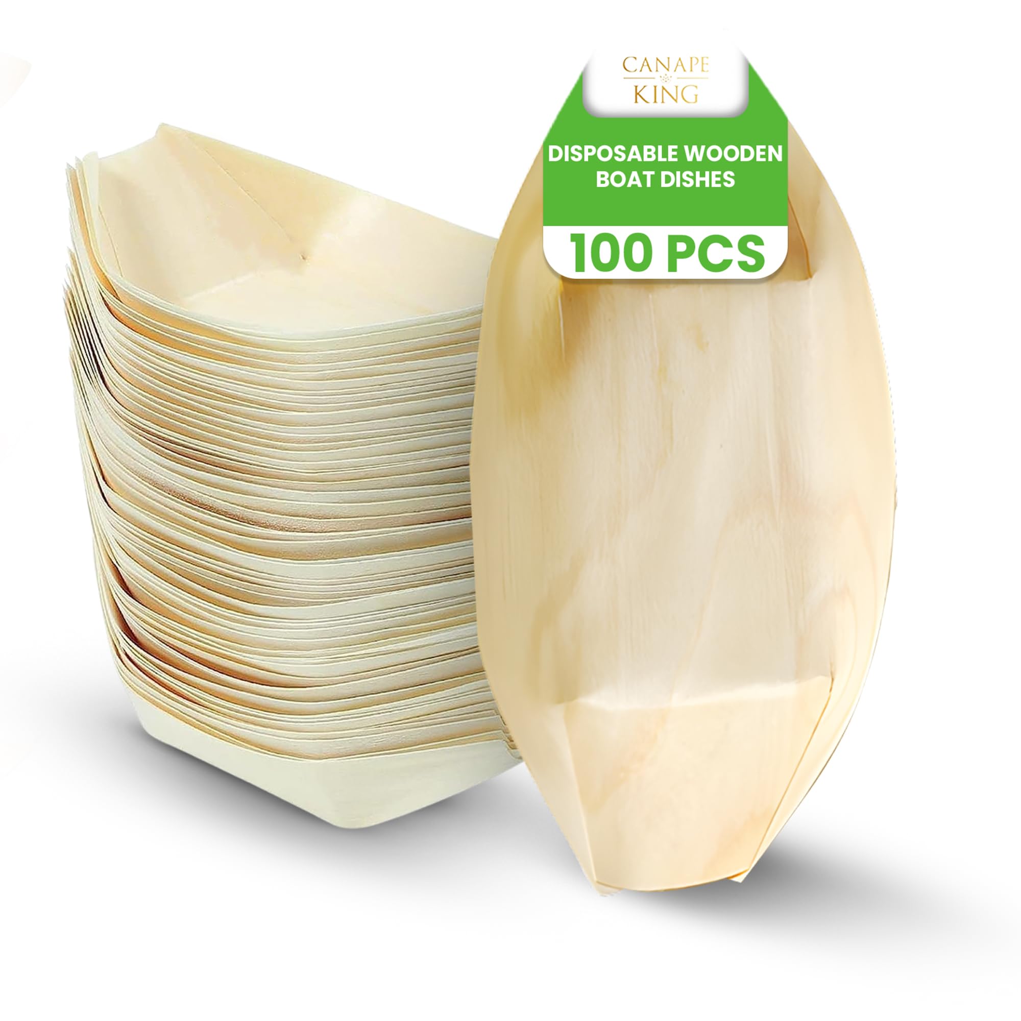 Canape King 100 pcs Wooden Bamboo Boats - Disposable Pinewood Food Serving Boat - Eco-Friendly Canape, Sushi Serving Trays Perfect for Weddings Birthdays Christmas (XL (19x10cm))