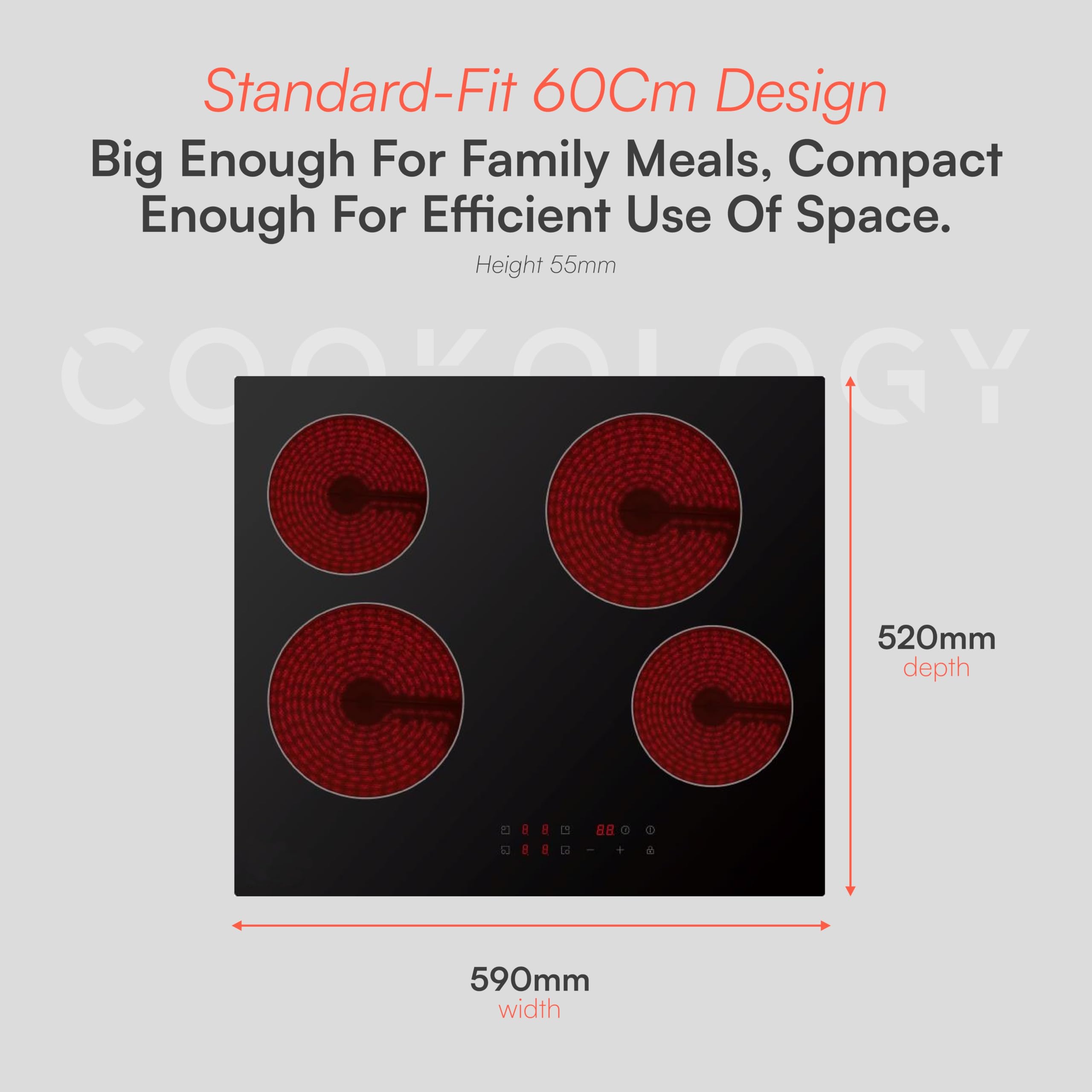 Cookology CET601 60cm Ceramic Hob - 4 Zone 6000W Electric Hob - Touch Control Panel - 9 Power Levels - Residual Heat Indicators & Child Lock — view 4