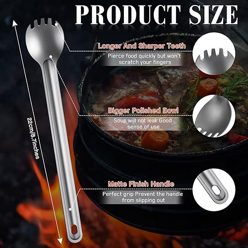 Miniatura 2 de 4 piezas de titanio de mango largo Spork and Spoon Ultraligero Portabale Cubiertos de 8.7 pulgadas Cuchara de sopa Cuchara Spork Camping Spork para