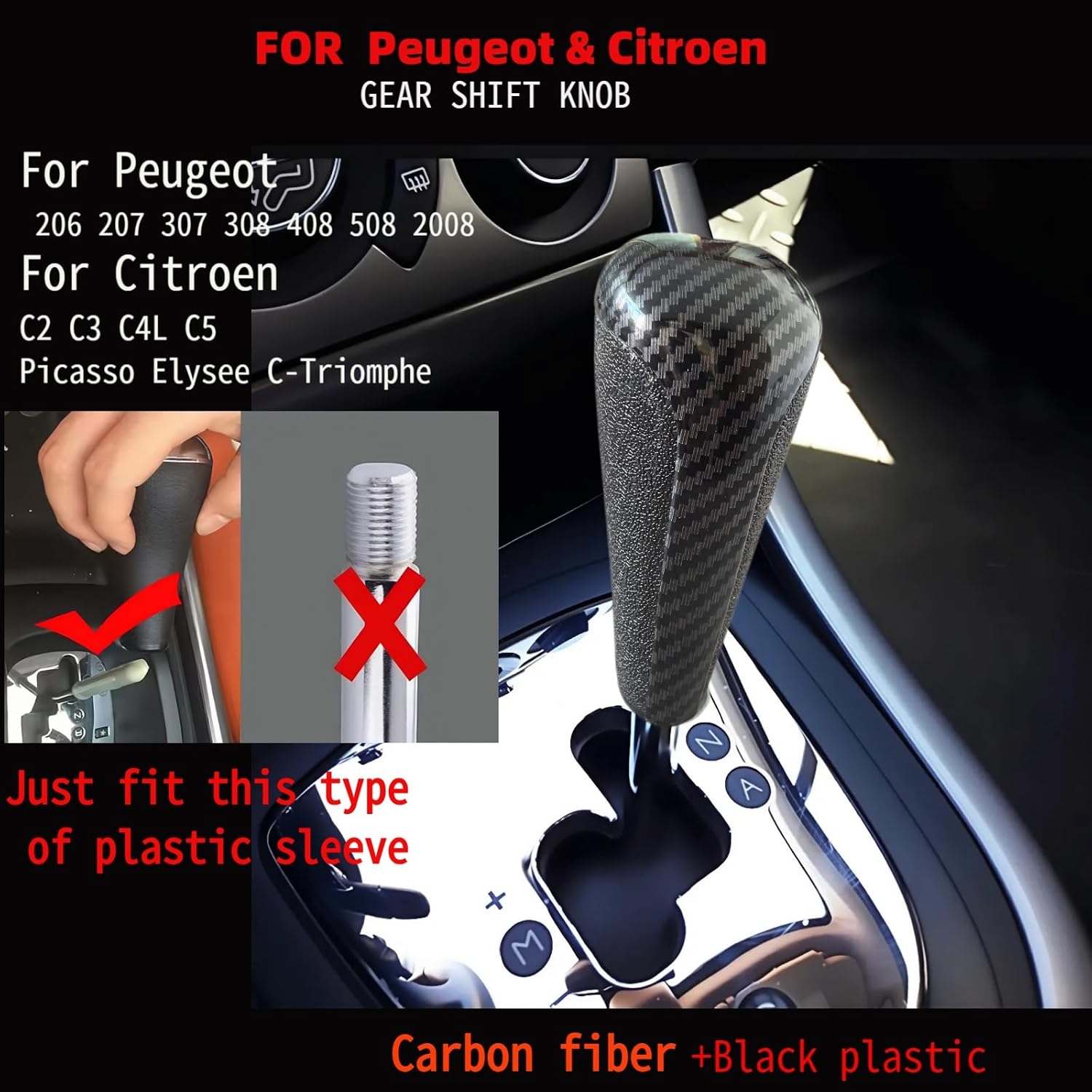 Gear Shift Knob Shifter for Peugeot 206 207 307 for Citroen C2 C3 C4L C5, Shifter Knobs with PU Leather and Carbon Fiber Pattern, Grey