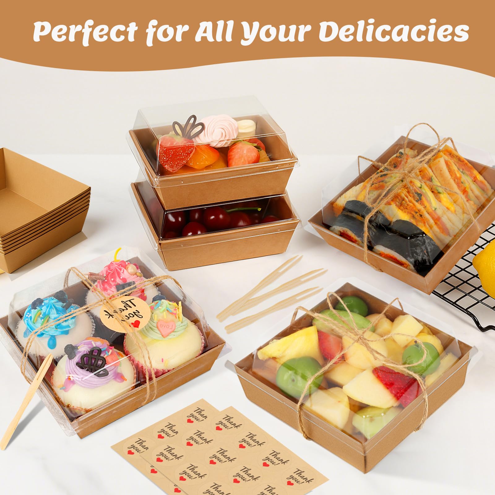 Confezione da 54 piccole scatole per salumi con coperchio trasparente, mini scatole di carta per salumi da asporto, contenitori usa e getta con coperchio, scatole da dessert per panini