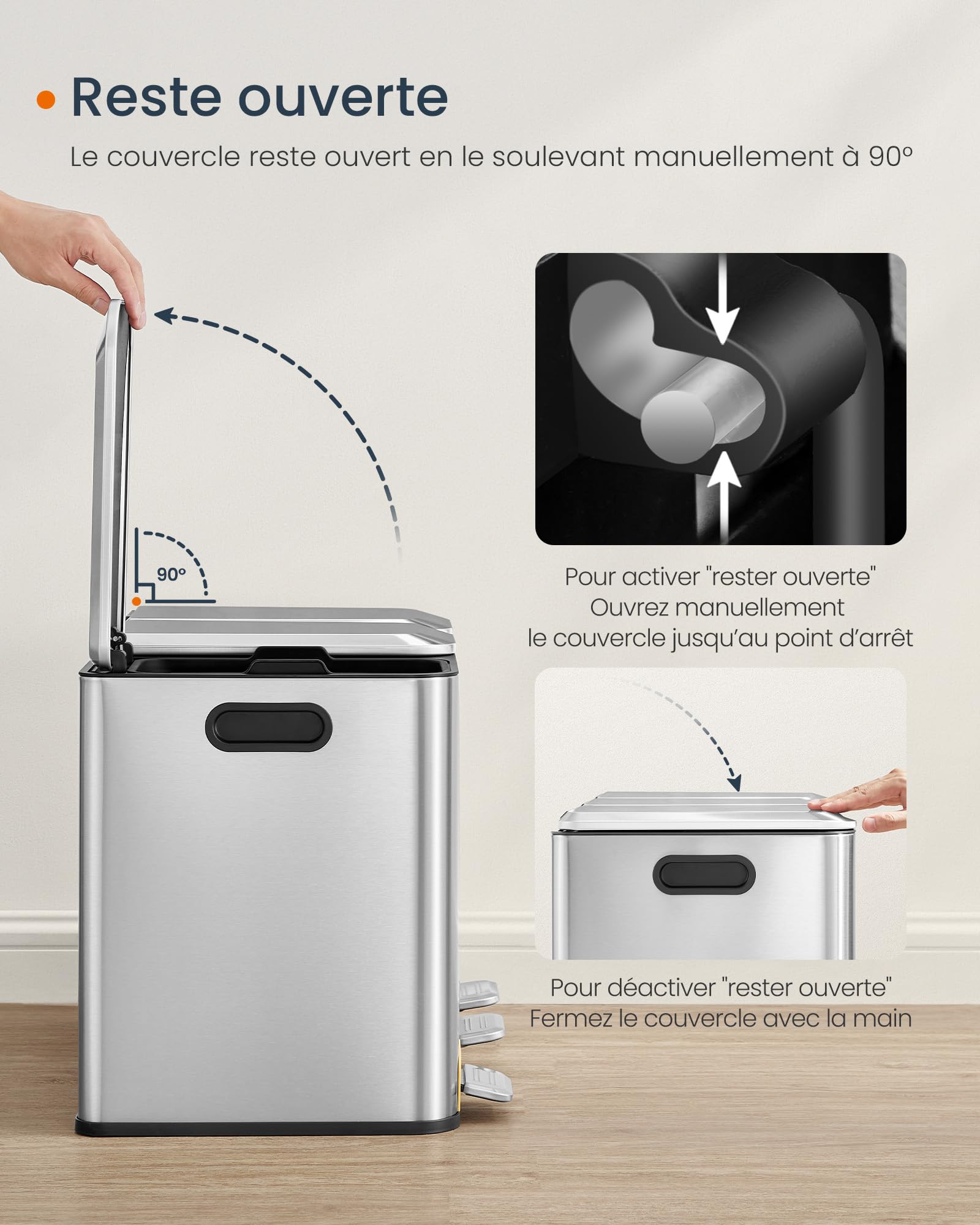 SONGMICS HOME Poubelle Triple de Cuisine, Poubelle Recyclage 3 x 15 L avec Pédales Couleur, Système de Séparation Déchets, avec Couvercles et Seaux Intérieurs, Acier, Argent Métallique LTB740E45V1