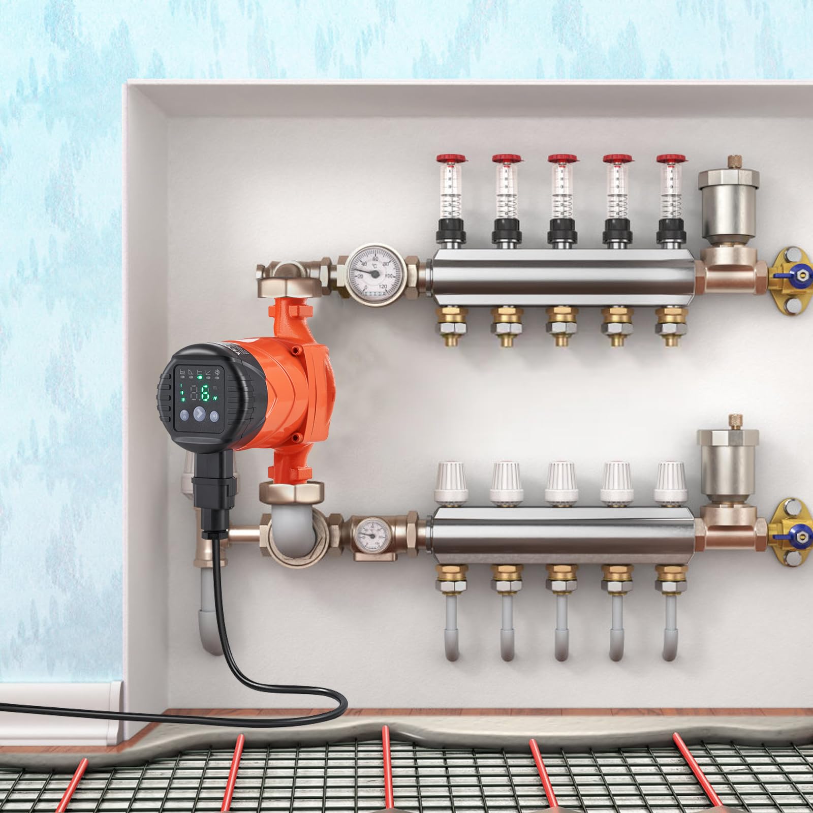 VEVOR Pompa di Circolazione per Acqua Calda, LPS25-6BP-180, Pompa di Riscaldamento, 60 L/min Pompa dell'acqua automatica ECM, 220 V 45 W Altezza di Scarico 6 m per Impianto di Riscaldamento dell'Acqua