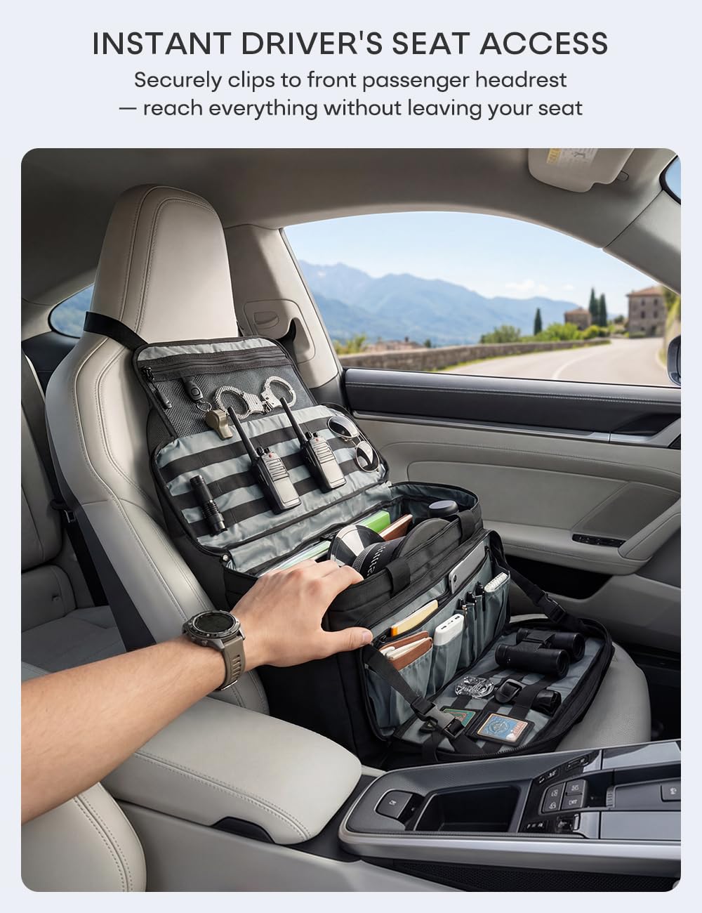 Bolsa Táctica MOLLE Policía, Organizador Coche Asiento con Portátil 15.6" | 3-en-1: Organizador de Coche, Bolsa Táctica y Mochila de Hombro. MOLLE para Linterna y Radio. Oxford Material Impermeable.