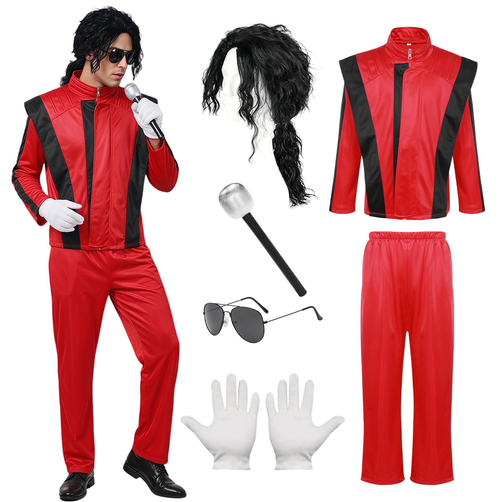 Antsparty Dancer Rocker Star Costume, 80s Pop Costume Set with Red Jacket and Trousers Glove Glasses, King of Pop Fancy Dress, Halloween Cosplay Role Playing