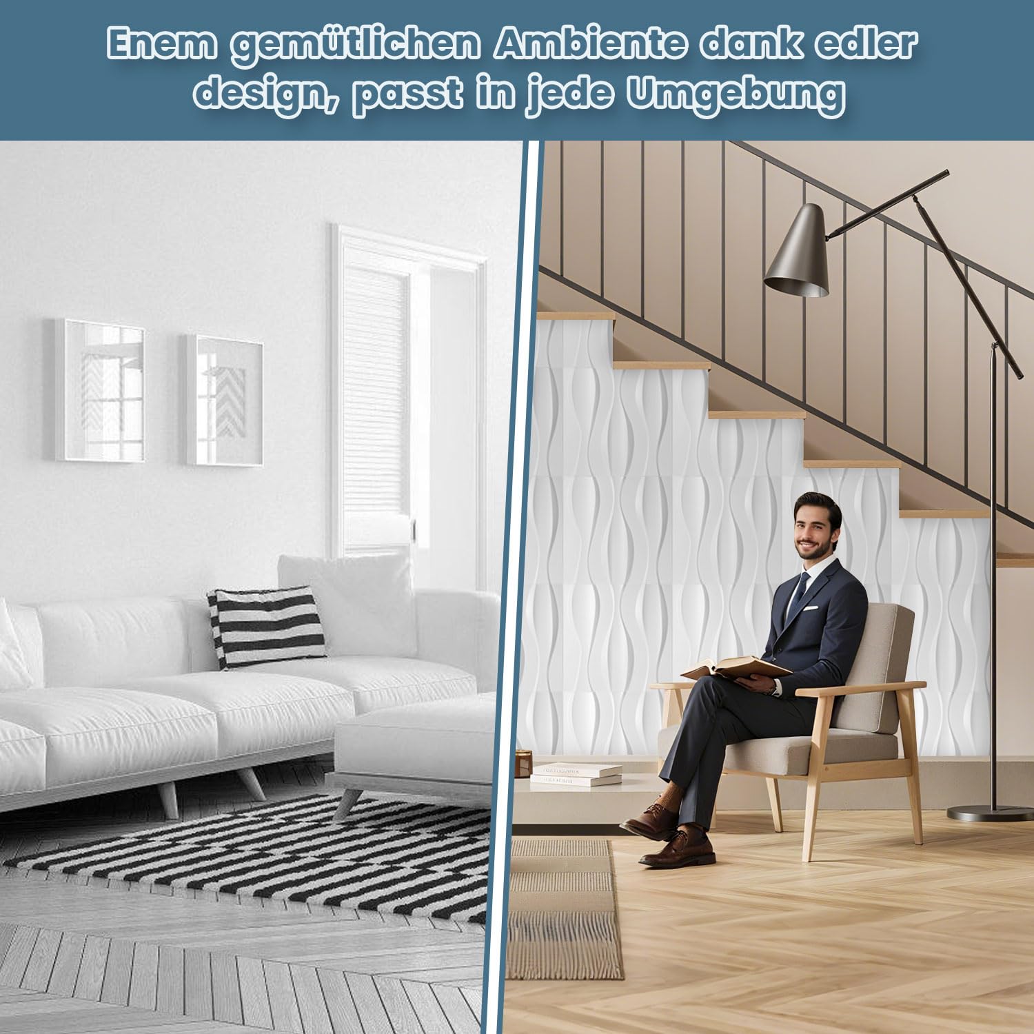 Pannelli da parete 3D, 48 pezzi, 50 x 50 cm (12 m²), 3D, aspetto moderno, pannelli decorativi da parete in PVC, resistenti all'acqua, al calore, bianco opaco