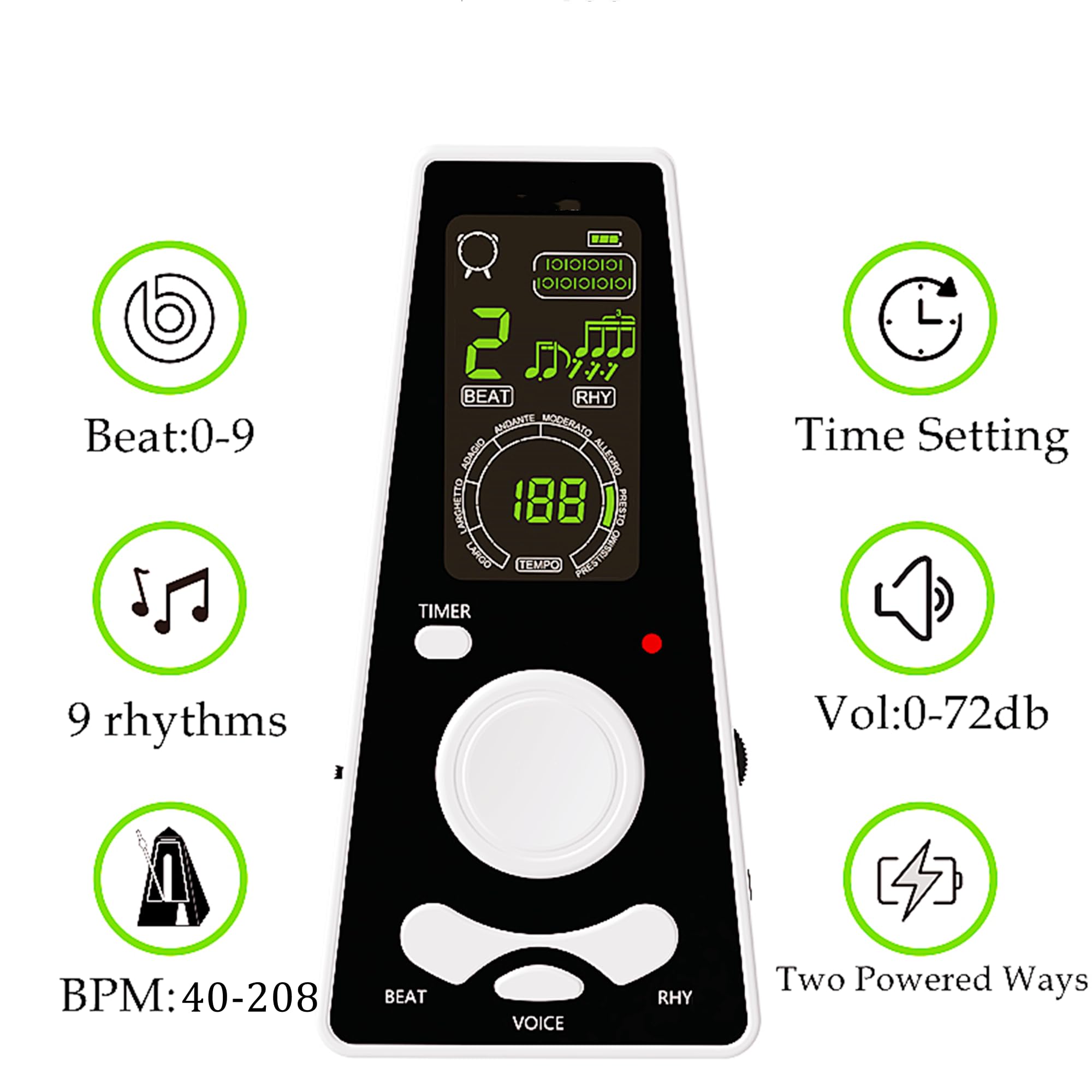 Digital Metrónomo, Ritmo Preciso, voz Humana, Pantalla de Alta Definición, Apto para Guitarra española, Piano, Violín, Saxofón, etc(DM-Blanco)