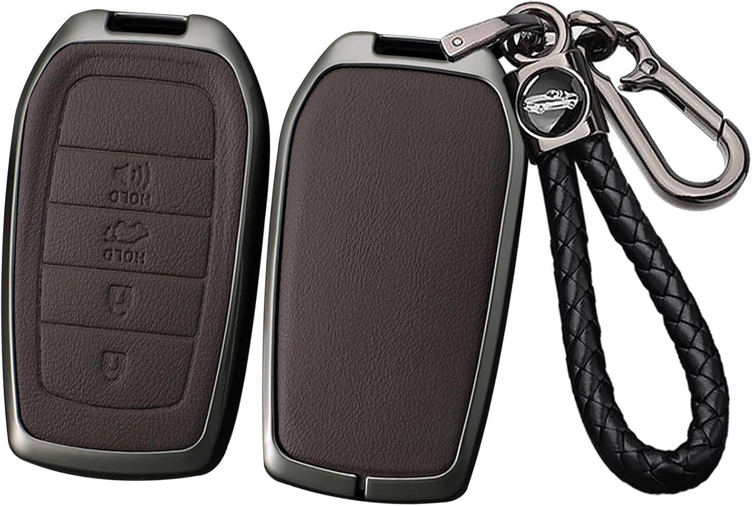 SANRILY Metal & Leather 4 Button Key Fob Cover Case Compatible with Toyota 2019+ Land Cruiser 2021+ Venza RAV4 Corolla Se Grand Highlander Tundra Crown Keyless with Keychain Brown
