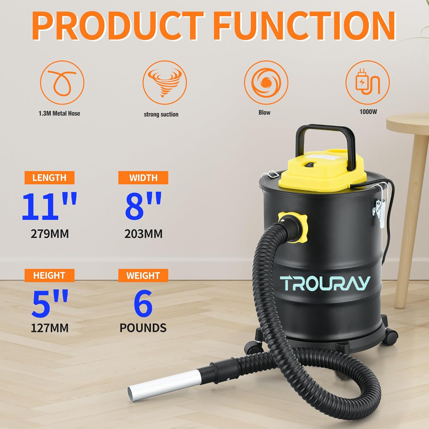 Fireplace Ash Vacuum Cleaner, 4 Gallon Heat Resistant Lightweight Canister Vacuum Cleaner with 1000W Powerful Suction Blowout for Fireplaces, Pellet Roasters, Woodstoves Pellet Ash Vacuums