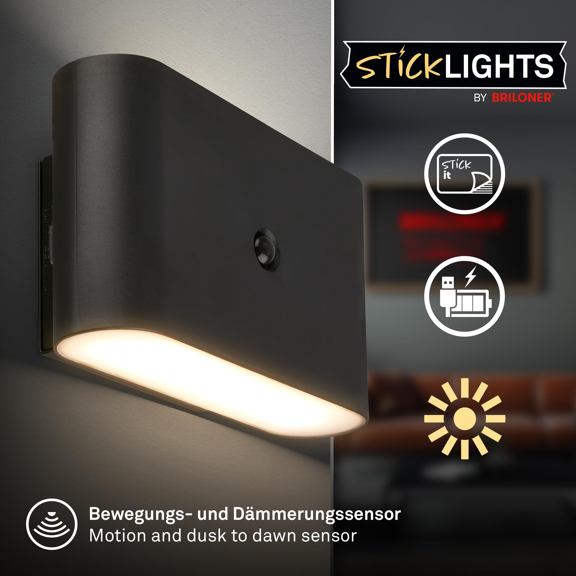BRILONER Sticklights - Aplique pared sin cable con sensor de movimiento, batería recargable, lampara magnetica, aplique recargable, 16x9,5x6,5 cm, negro